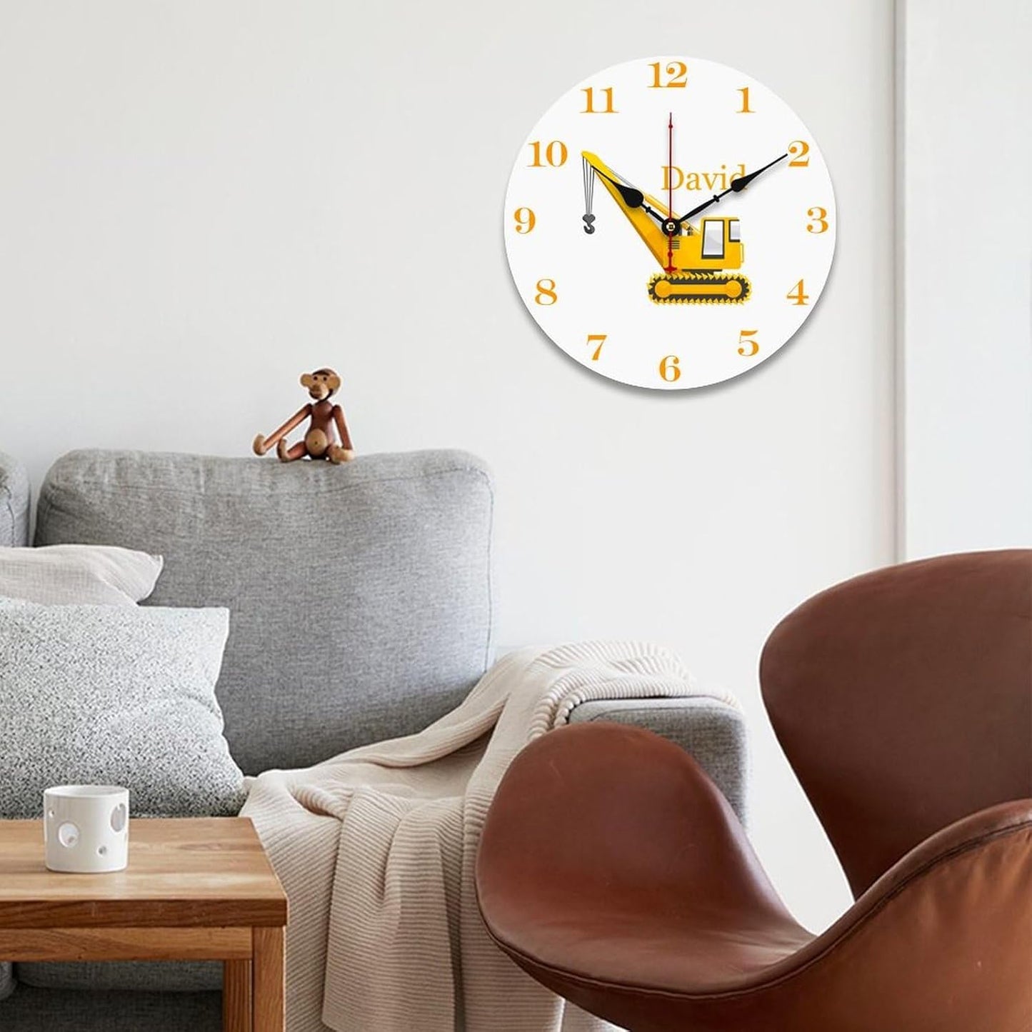 Personalized Crane Truck Kids Wood Wall Clocks Rustic Battery Operated 10 inch Non Ticking Engineering Vehicle Wall Clock for Kids Rooms Boys Girls,Nursery Wall Clock,Custom Kids Clock with Name