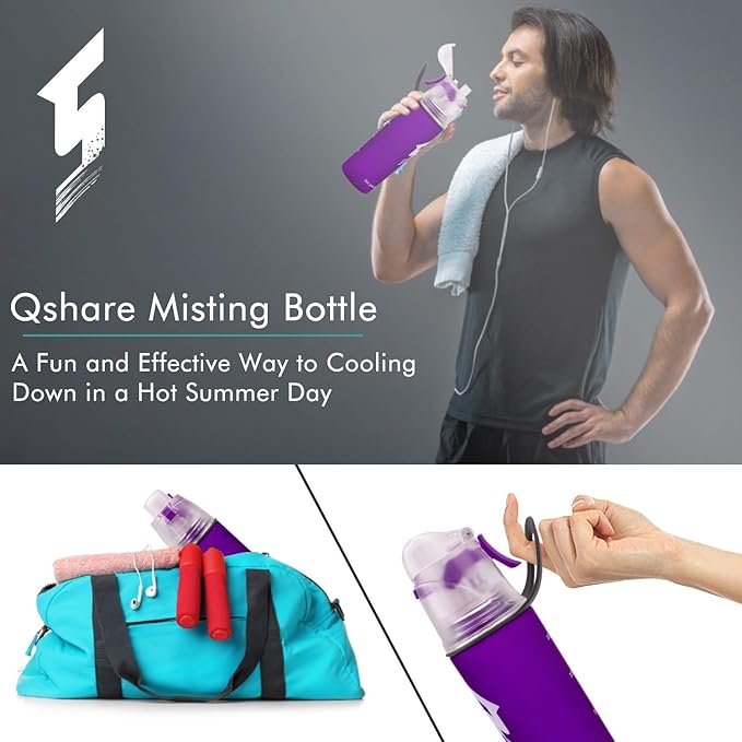Misting Water Bottle, Spray Mist Sports Bottle for Outdoor Sport Hydration and Cooling Down, BPA-Free Misting Water Bottle with Unique Mist Lock Design (Purple-14oz)