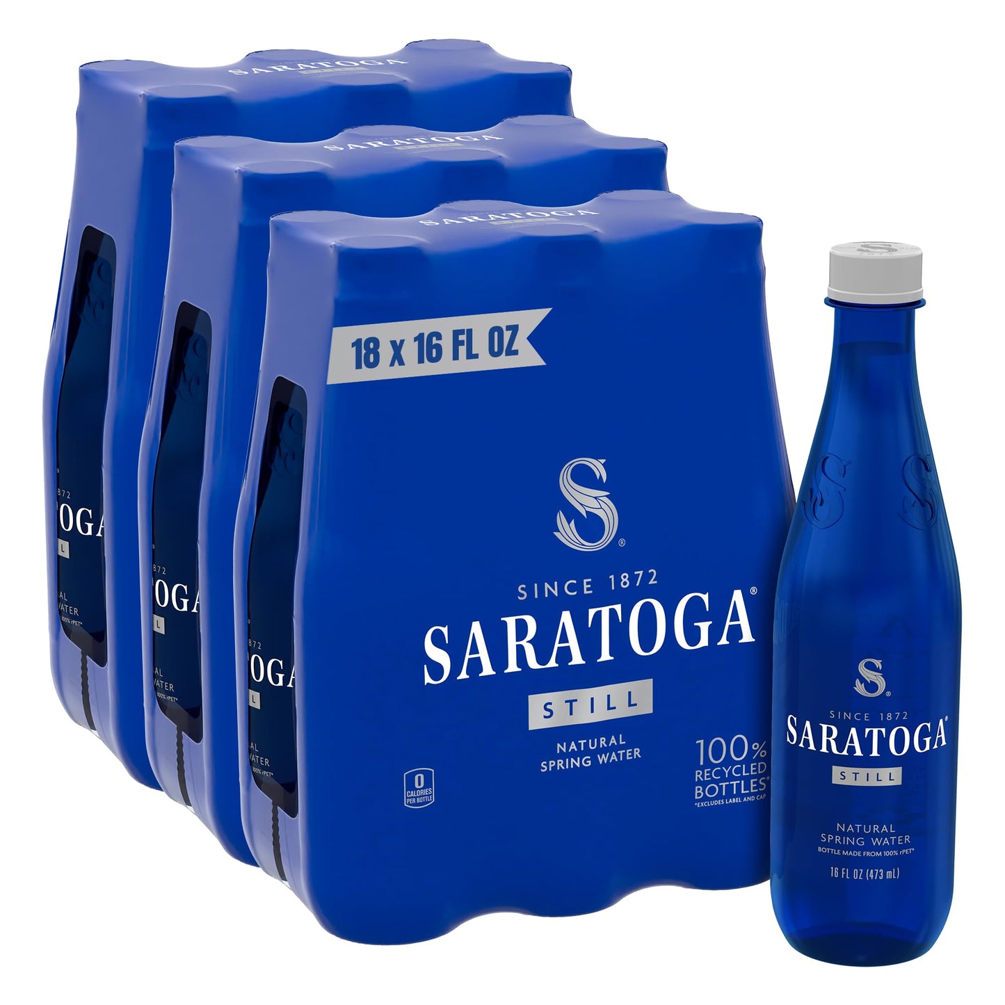 Saratoga Spring Water Bottles, 18 Pack - Still Bottled Water - Recycled PET Plastic Bottles - 16 Fl Oz