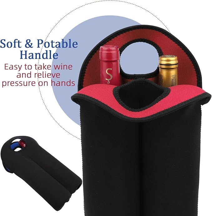 Desing Wish 2-Bottle Set Wine Carrier Tote Bag for 750ml Red/White Wine Bottles, Insulated Neoprene Wine Cooler Bag Wine Gift Bags for Gift/Picnic/Party/Beach/Christmas - Red