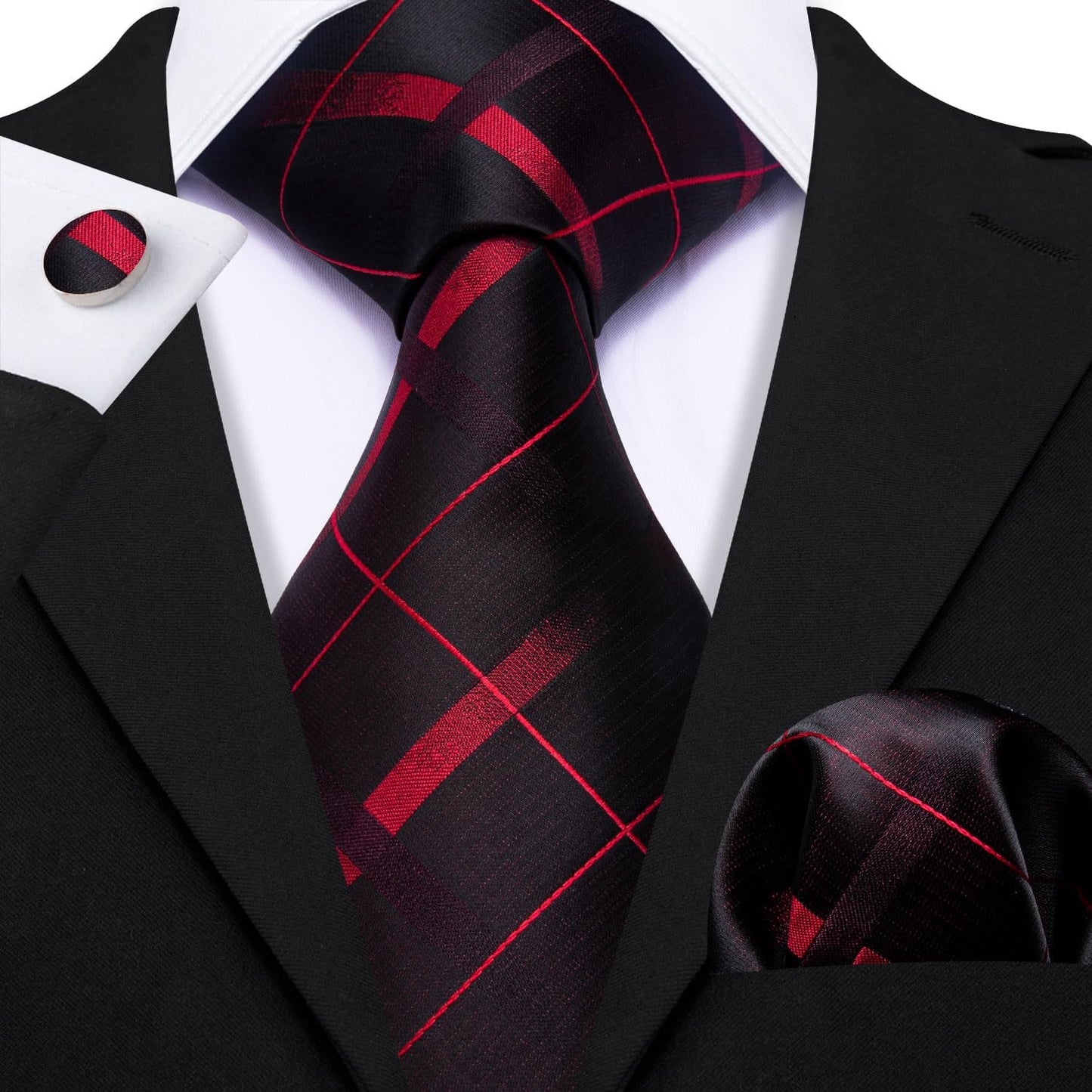 Barry.Wang Designer Classic Ties for Men Set Formal Pocket Square Cufflink Check Plaid