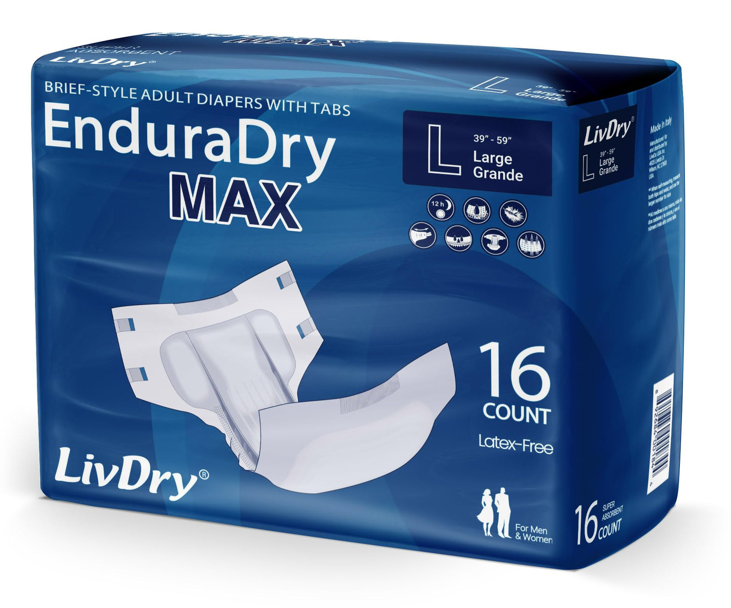 LivDry EnduraDry Max Adult Diapers with Tabs, Up to 12-Hours, Super Absorbent Incontinence Underwear, Leak Protection Briefs, Large, 16-Pack