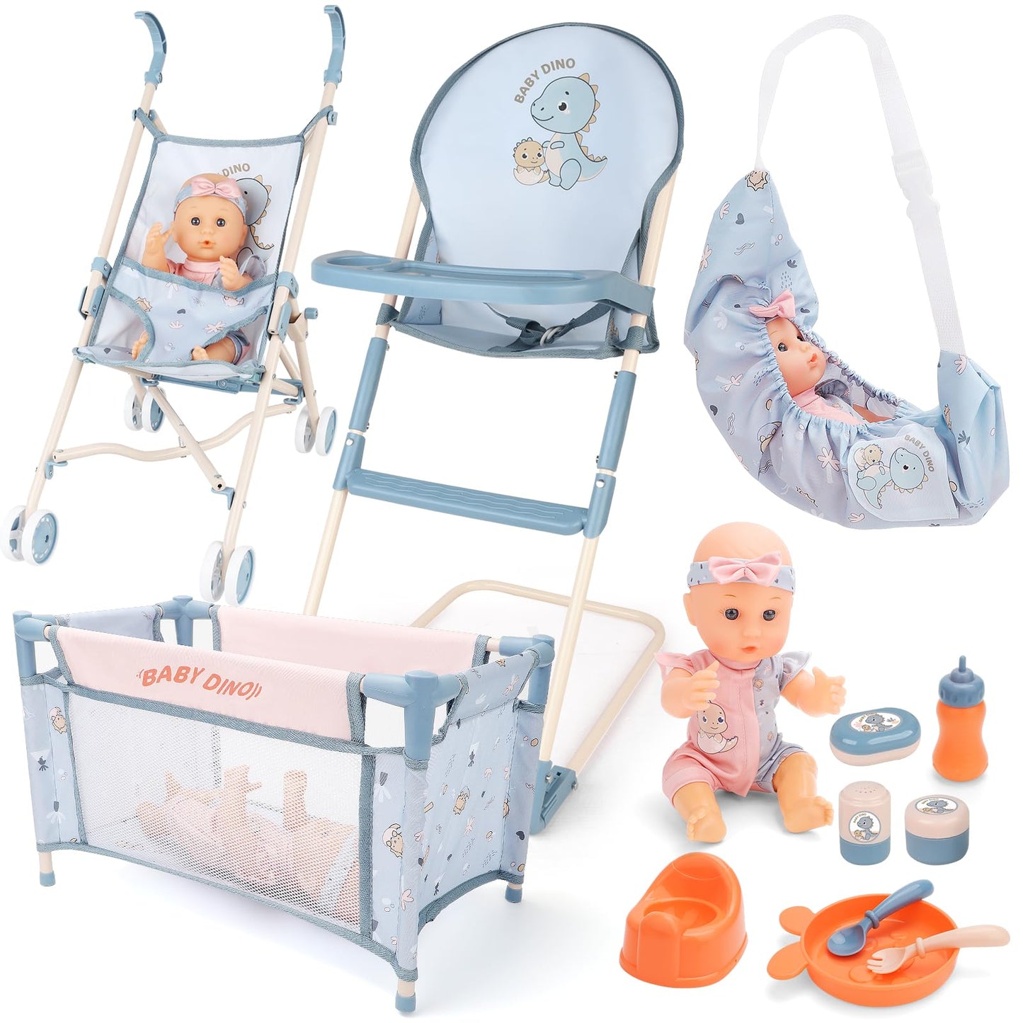 deAO Baby Doll Stroller Set 12" Baby Doll with Accessories Crib Bed High Chair, Nursery Role Play Set Toys Storage Bag,Foldable Storller, Pretend Play Birthday Gifts for Toddler Girls Boys