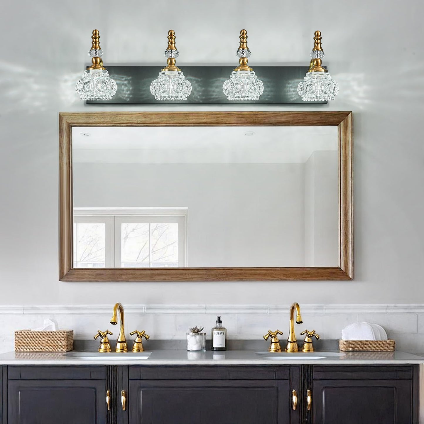 Lbsqj Bathroom Light Fixtures  Modern Glass Crystal Bathroom Vanity Light Vintage Bathroom Lighting Fixtures Over Mirror 4 Light Vanity Lights G9 Bulb (27.55 Inch  Black Gold)