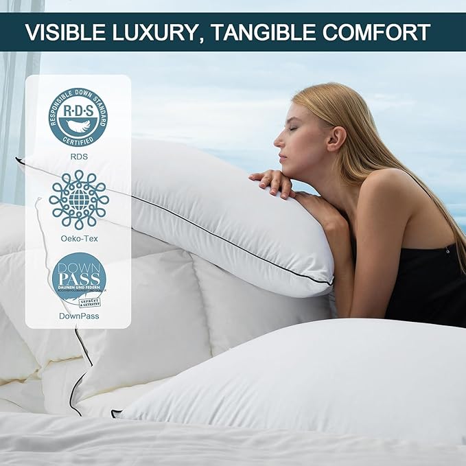 Hungarian Goose Down Pillows Standard Size, White Down Luxury Pillow, Bed Pillows for Sleeping, Pillow for Back, Stomach or Side Sleepers, 2 Pack, Standard (20" x 26")