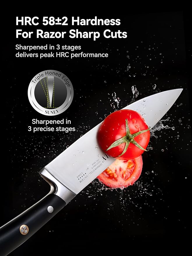 SUNLY 8 Inch Chef Knife – Full-Tang Professional Kitchen Knife, German DIN 1.4116 Stainless Steel, 58±2 HRC Hardness, Triple-Honed Blade, Anti-Slip Handle, Premium Box for Christmas Gifts