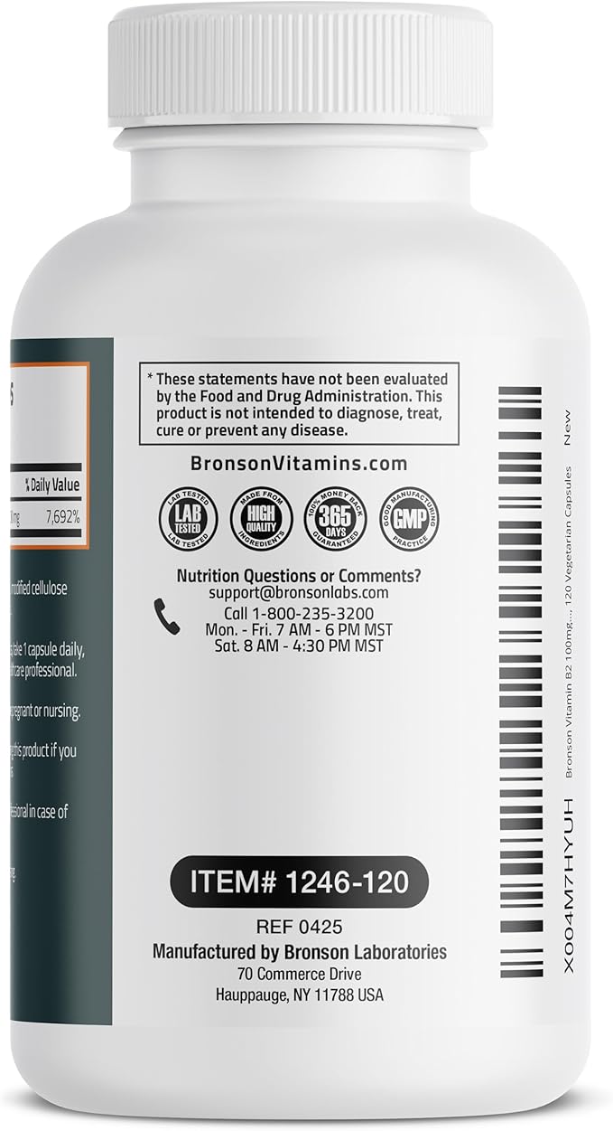Bronson Vitamin B2 100mg Non-GMO, 120 Vegetarian Capsules