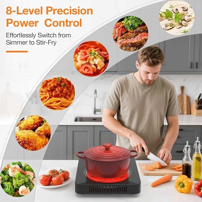 Electric Cooktop, Portable Electric Stove with LED Touch Control 8 Power Level, 1800W Induction Burner Hot Plate with Child Safety Lock, Timer and Overheat protection for Home Camping