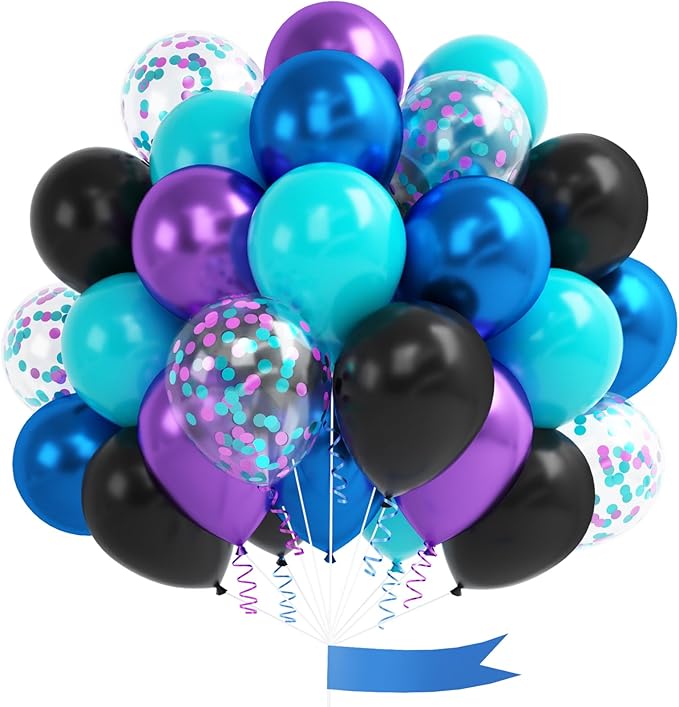 Black Purple Blue Balloon, 60 Pcs 12 Inches Metallic Blue Purple Teal Balloons Confetti Balloons for Kids Video Game Party...