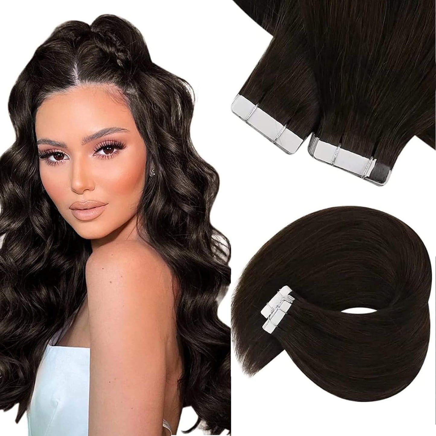 Sunny Hair Tape in Hair Extensions Real Human Hair Invisible Remy Hair Extensions Tape ins for Women Darker Brown 18 inch 20Pcs