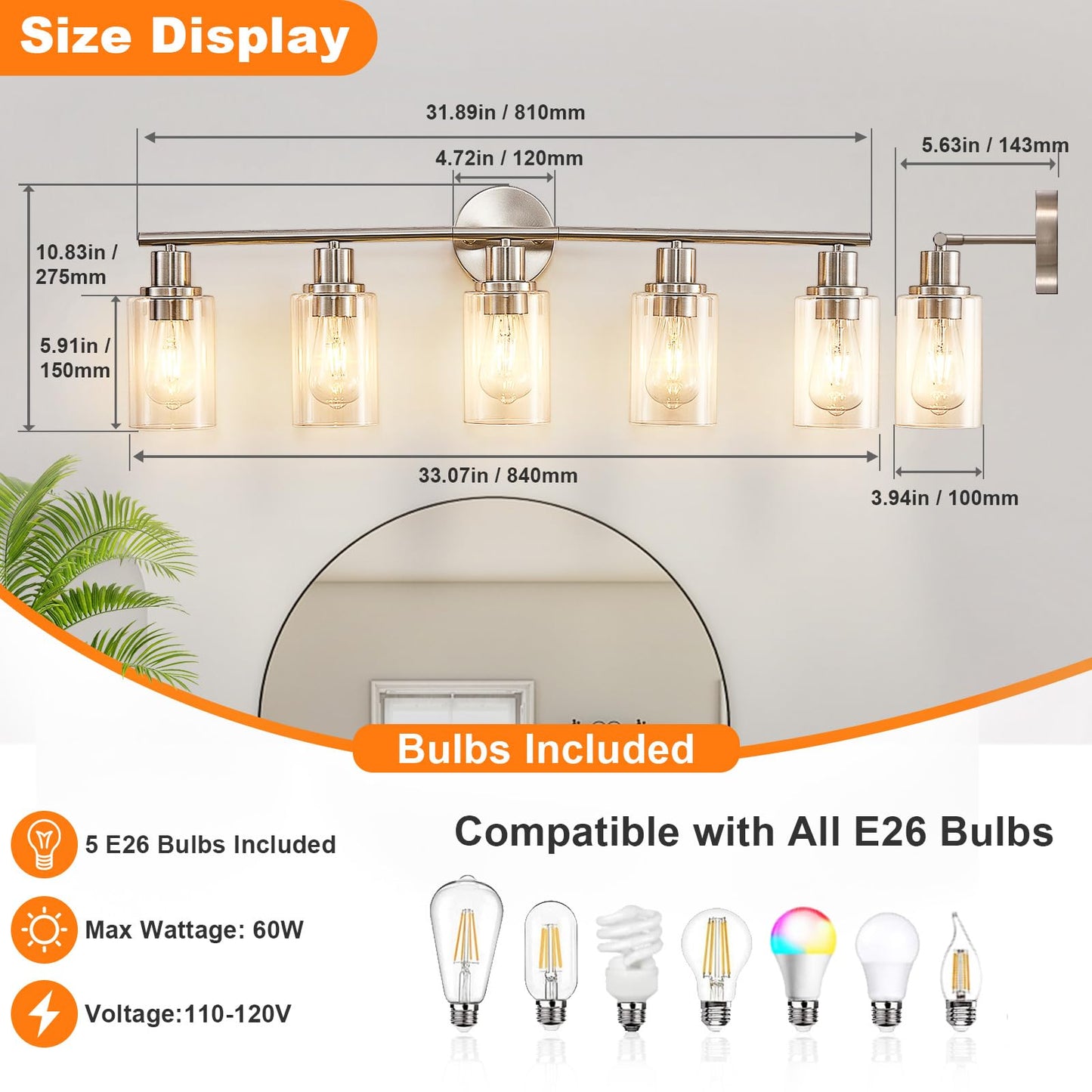 DLLT 5-Light Bathroom Light Fixtures: Nickel Modern Vanity Lights with E26 Bulbs - Clear Glass Shade Bathroom Wall Lamp for Mirror Kitchen Living Room Hallway Cabinet Porch