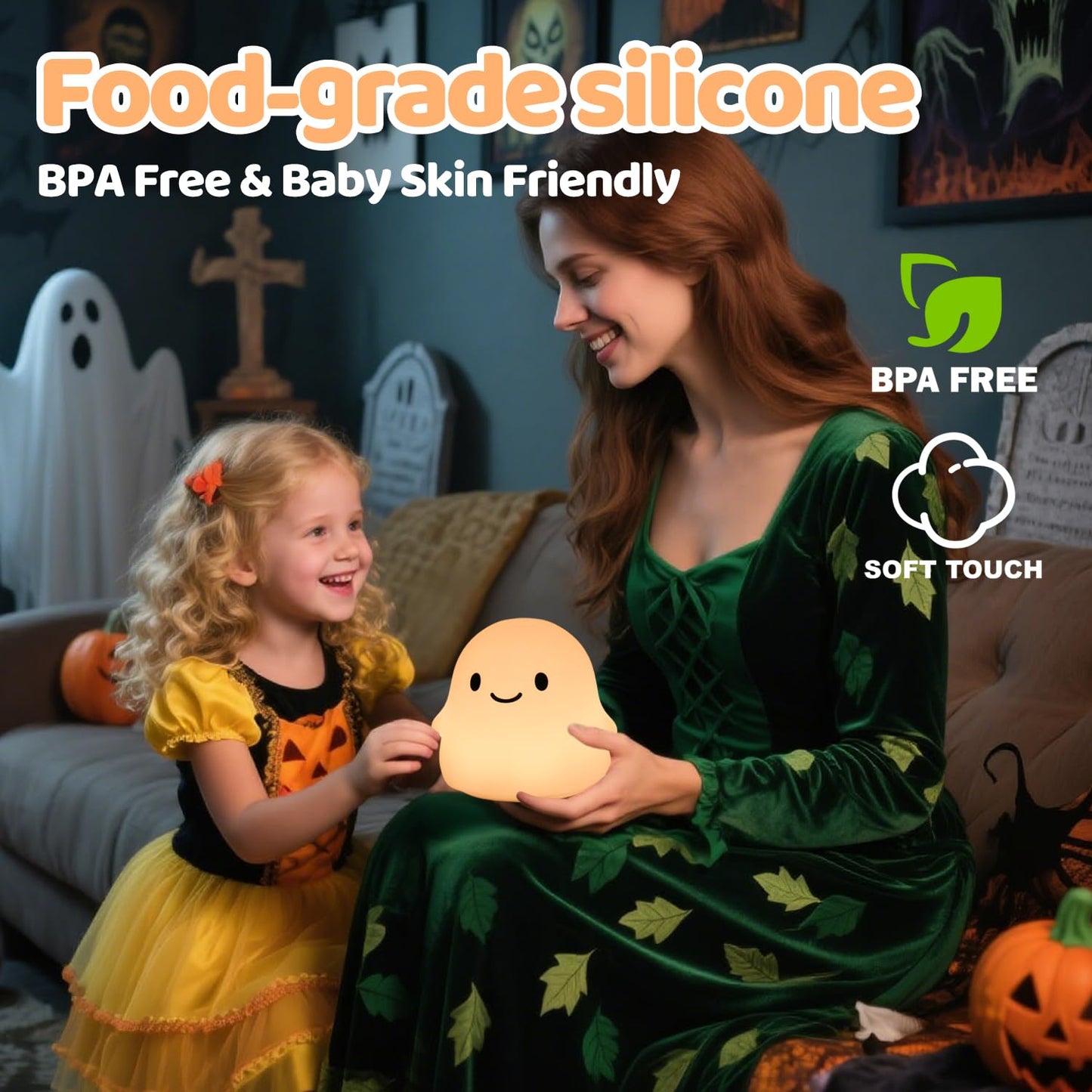 Rytinazzz Halloween Ghost Night Light, Dimmable Silicone Lamp, Rechargeable, Colorful Ghost, Model LH-YL-Ghost-04