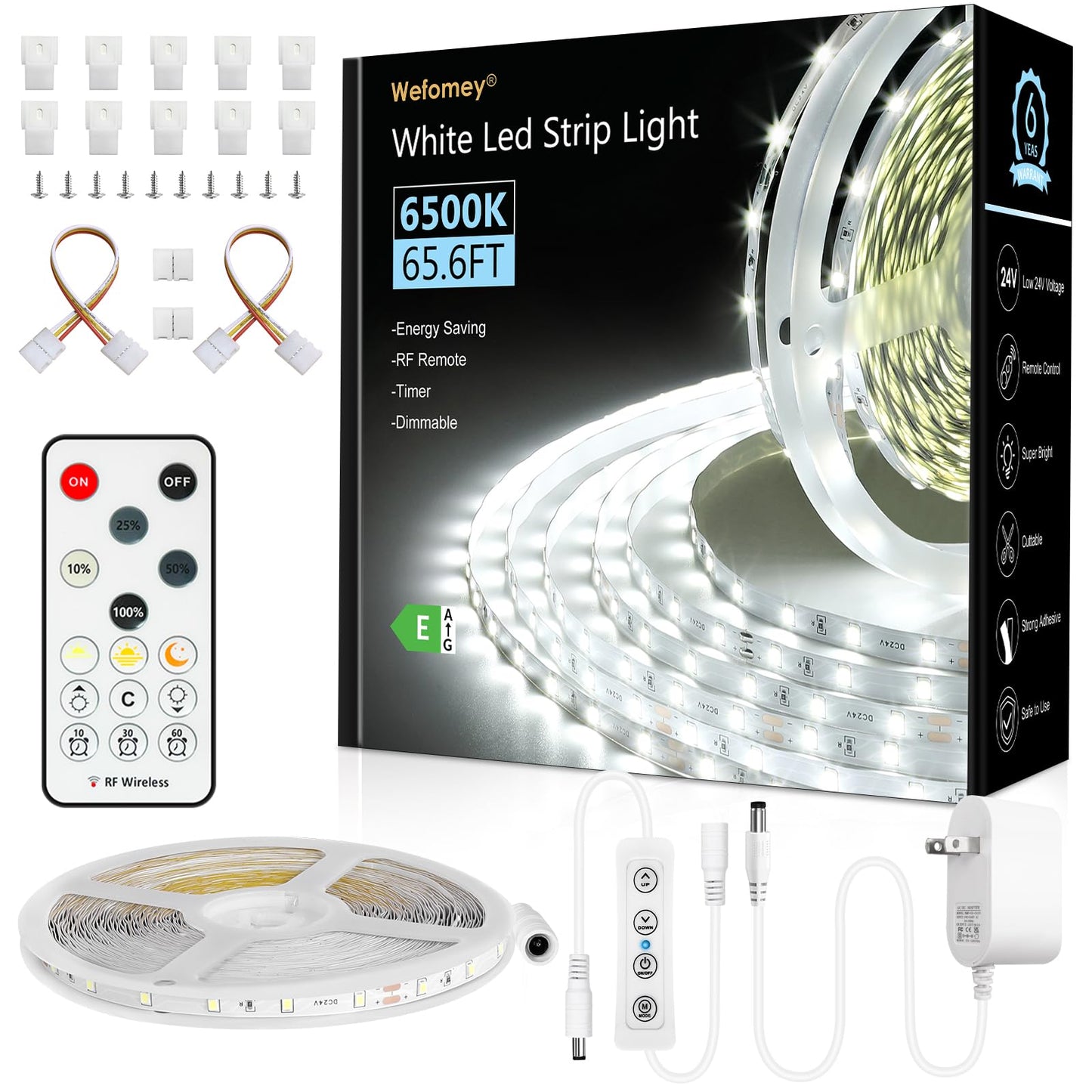 Wefomey LED Strip Lights, 65.6ft Dimmable 24V, 960 LEDs, 6500K Bright Daylight White, Flexible Tape Lights for Home Decor, Model