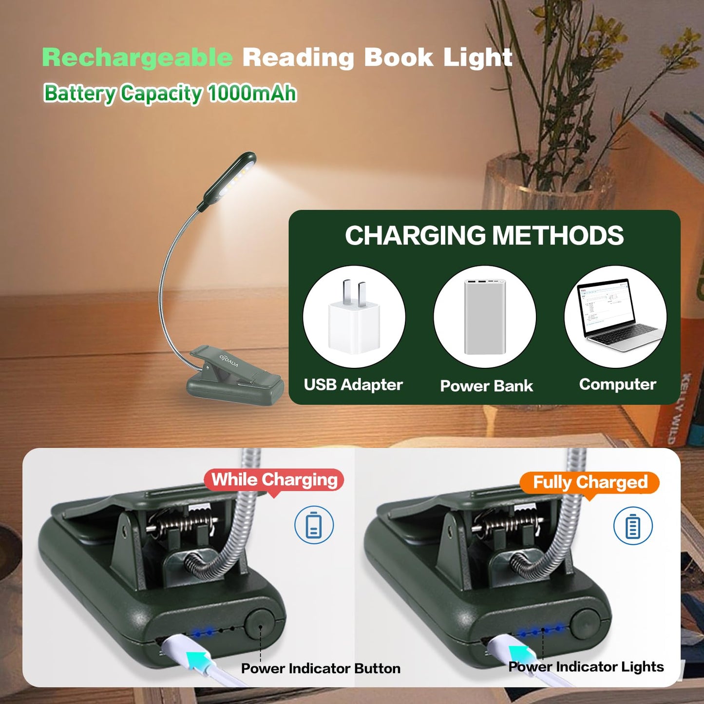 VAVOFO Rechargeable Book Light, 7 LED, 9-Level Warm Cool White, Eye Care Lamp, Garden Green, Model KM-6720