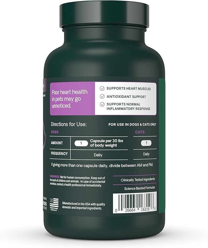 VetriScience Omega Healthy Heart Easy-Open Capsules, Cardio Strength Taurine and Omega-3 Supplement for Dogs & Cats, Heart Support Supplement, 90 Count