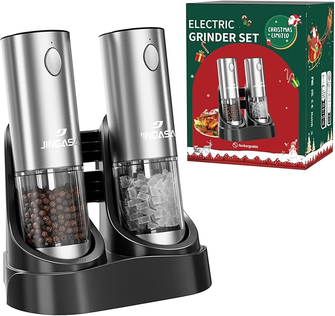 [Upgraded Larger Capacity] Electric Salt and Pepper Grinder Set with USB Charging Base, 95ml Large Capacity, Adjustable Coarseness,Stainless Steel Automatic Pepper Mill (Upgraded Capacity-Gift box)