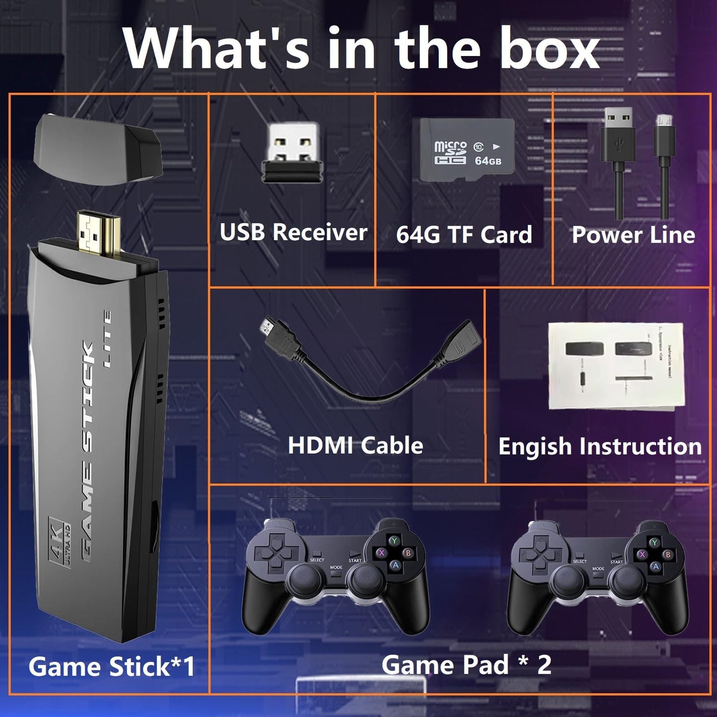 2025 Upgraded Wireless Retro gaming console, Plug & Play Video TV Game Stick with 4K HDMI Output,Built-in 9 Emulators, 20,000+ video games,with Dual 2.4G Wireless Controllers for TV Plug and Play(64G)