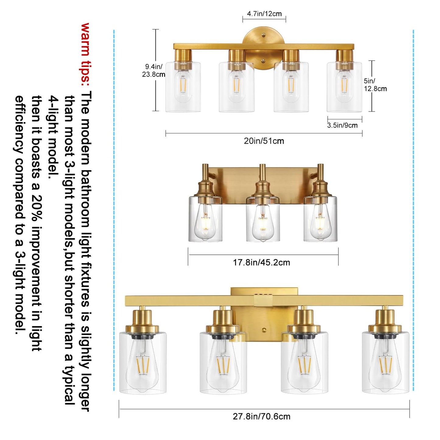 Hdasic 4 Light Gold Bathroom Vanity Light  Brushed Brass Bathroom Light Fixtures With Clear Glass Shade  Modern Wall Lamp Sconce Lighting For Bath Mirror Bedroom Living Room Hallway Porch