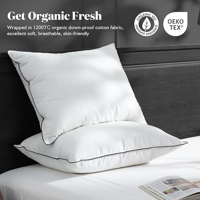 BPC Luxury Feather Down Pillow King Size Set of 2 - Medium-Firm Feather Pillow, 3-Chamber Bed Pillow Inserts with Organic Cotton Cover, Surrounded by Polyester, 20x36 Inches