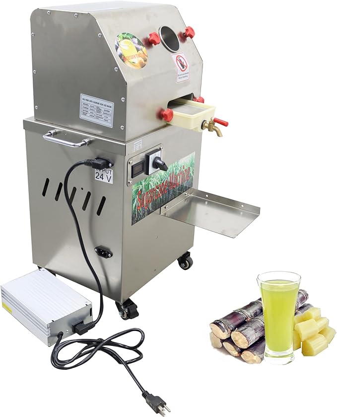 TECHTONGDA 24V DC or 110V AC Electric Sugar Cane Juicer Press Machine, Vertical Sugarcane Press, Stainless Steel Rollers Sugarcane Juice Extractor with Transformer and Wheels for Commercial Juicing