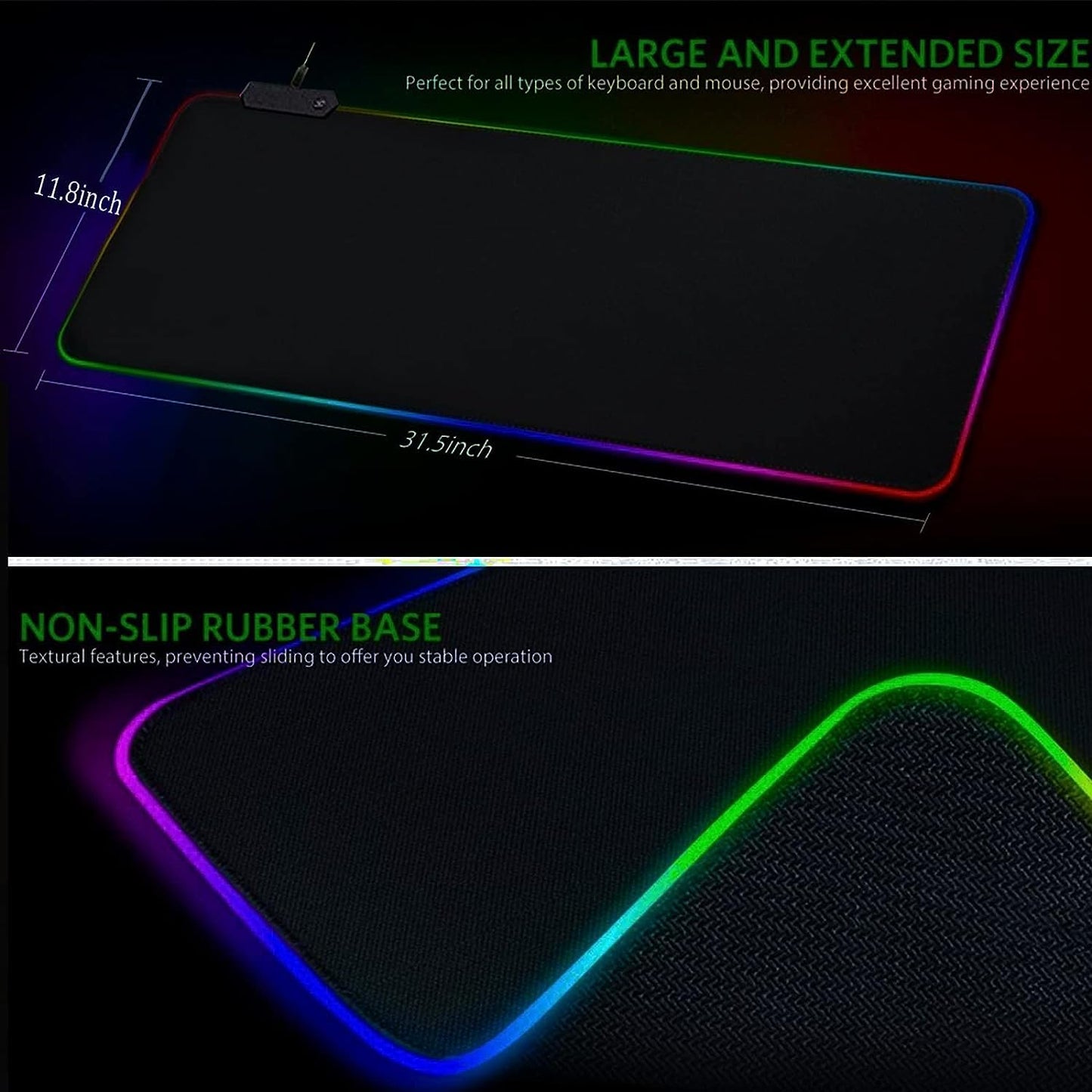 RGB Gaming Mouse Pad-14 Lights Modes-Large LED Extended Mousepad- USB Ports Ultra-Large Size Soft Extra Extended Mousepad, Anti-Slip Rubber Base Computer Keyboard Mat 31.5X 11.8in, Black