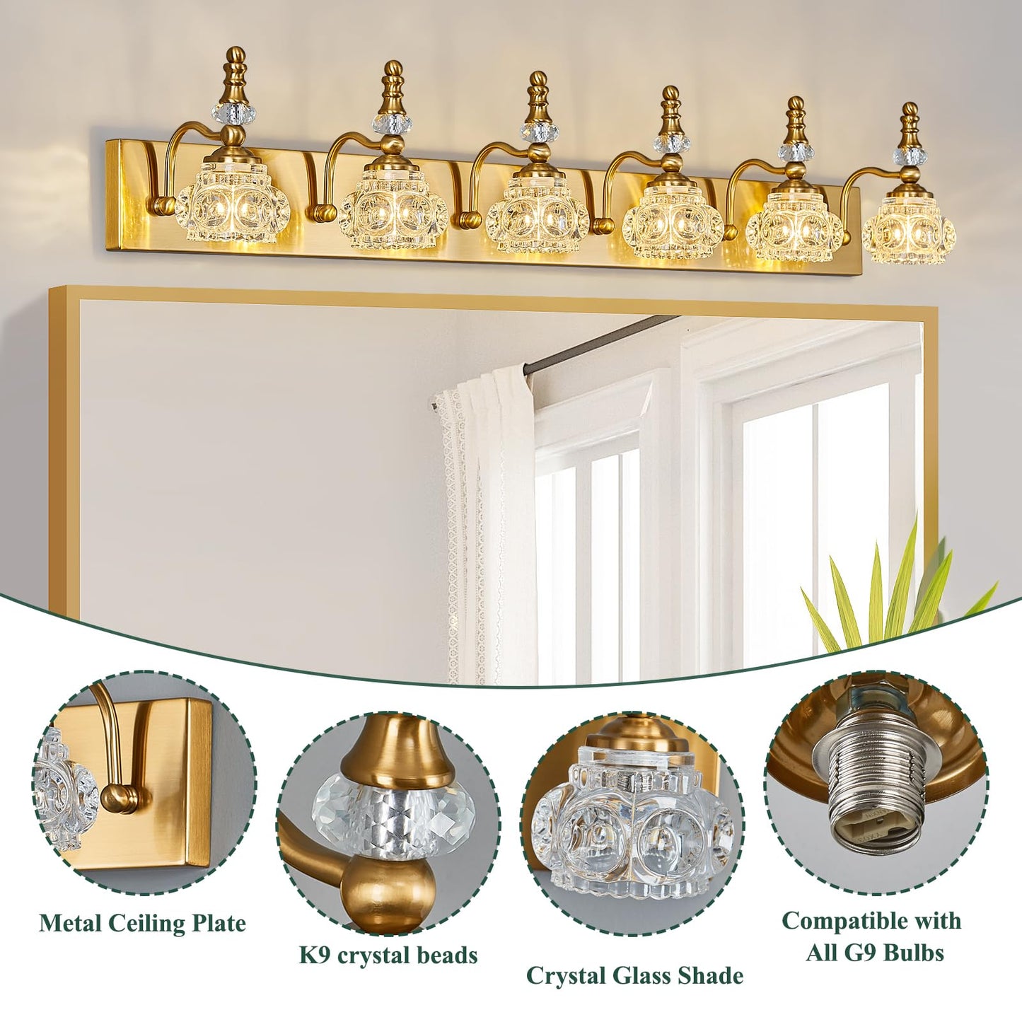 Lbsqj Modern Glass Crystal Vanity Light - Vintage Bathroom Lighting Fixtures Over Mirror 6 Light Vanity Lights G9 Bulb (43.3 Inch  Gold)