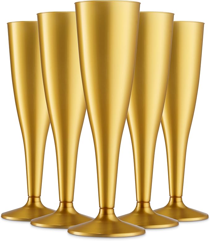 Munfix 30 Pack Gold Plastic Champagne Flutes - 5 Oz Disposable Toasting Glasses - Wedding Party Cocktail Mimosa Plastic Cups