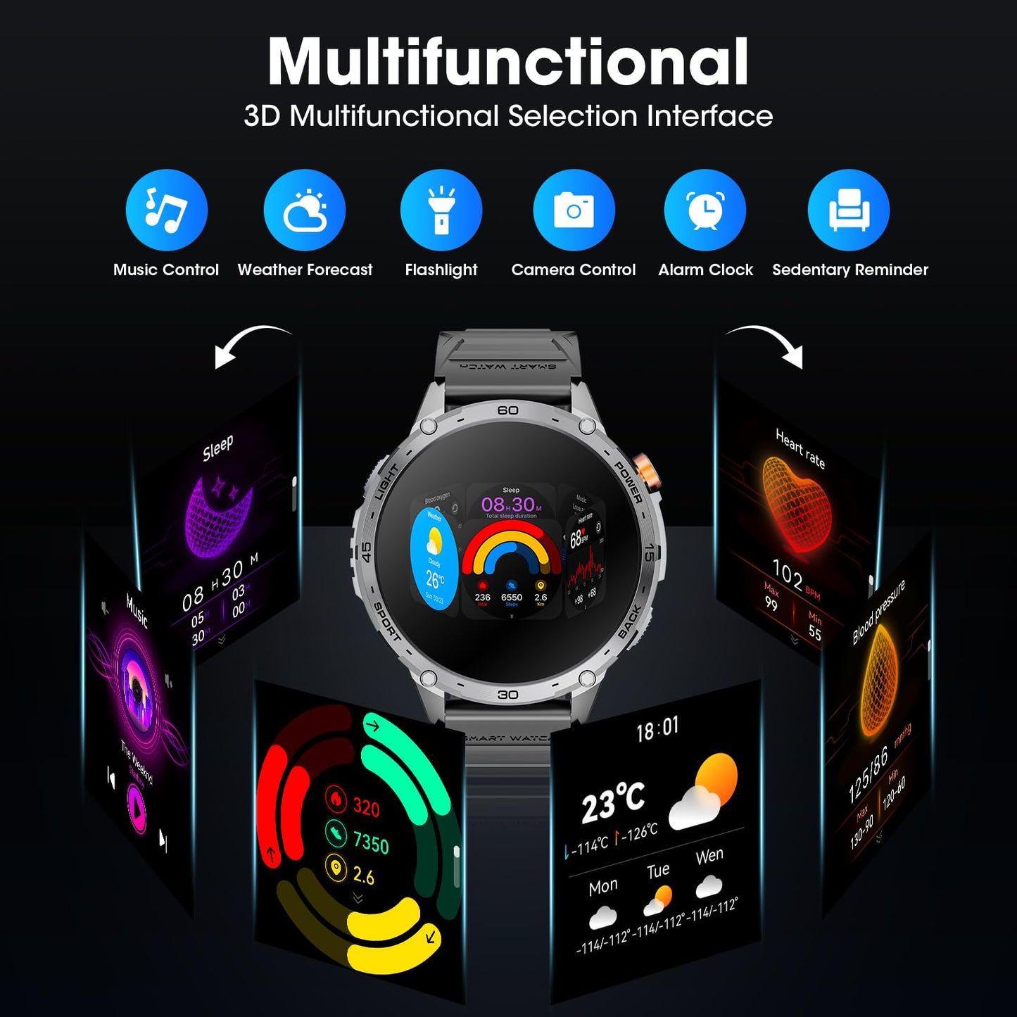 Military Smart Watch for Men 1.75" HD AMOLED Display 730mAh Battery Smart Watches with LED Flashlight for Android iOS（Bluetooth Call Answer/Dial Calls） Fitness Tracker with Heart Rate