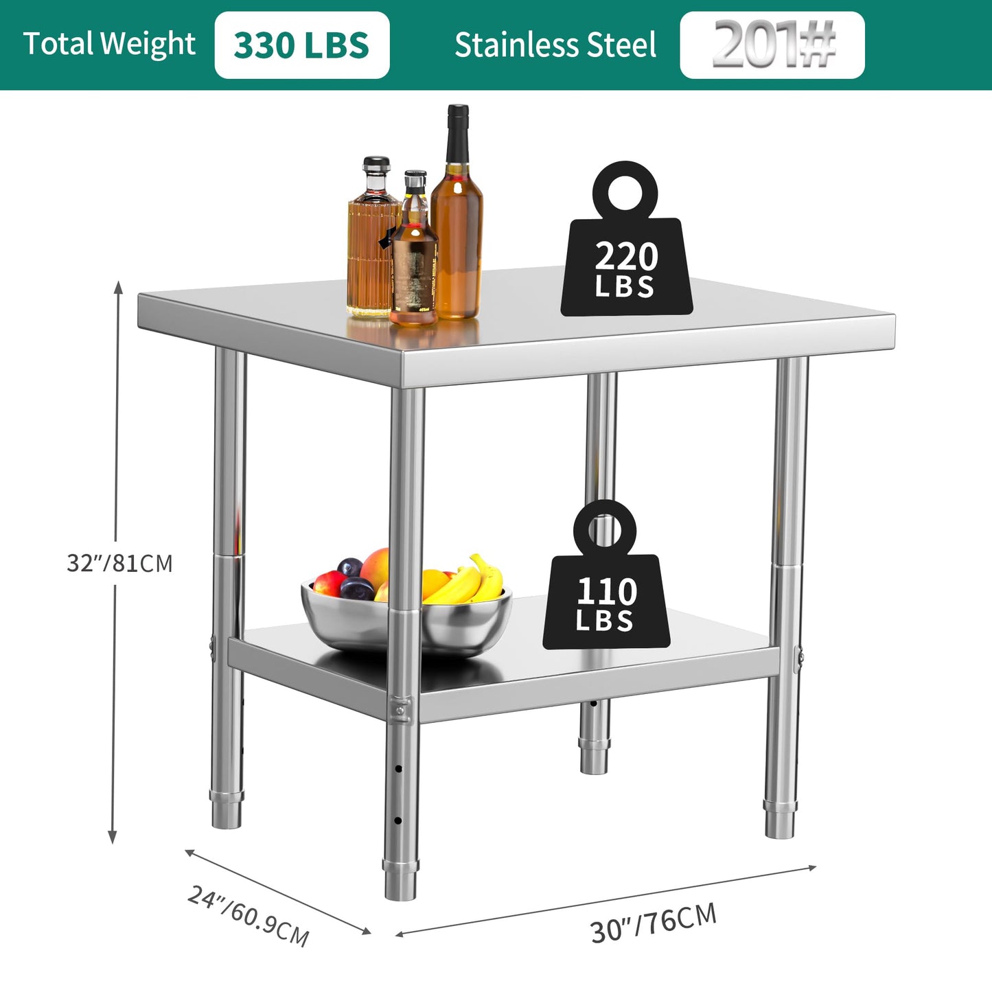 YITAHOME NSF Stainless Steel Table, 30" X 24" Work Table, 2 Shelves Metal Prep Worktable for Home Kitchen Restaurant Garage Warehouse Outdoor