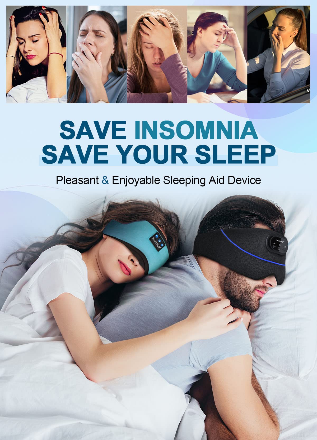 TOPOINT Sleep Mask with Headphones Bluetooth 5.4 Wireless, Sleep Headphone with Microphone Built-in HD Speakers Music, Eye Mask for Sleeping Travel Meditation for Men Women Girl Cool Gadgets