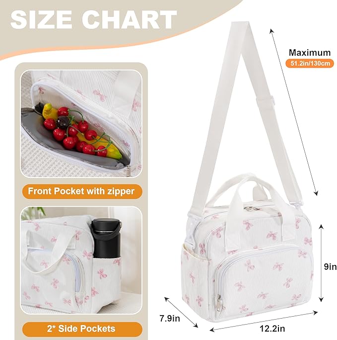 Large Lunch Bag for Women Insulated Lunch Box Reusable Cooler Bag Portable Cute Corduroy Leakproof Tote Bags for Travel, Work, and Picnic, Pink Bow