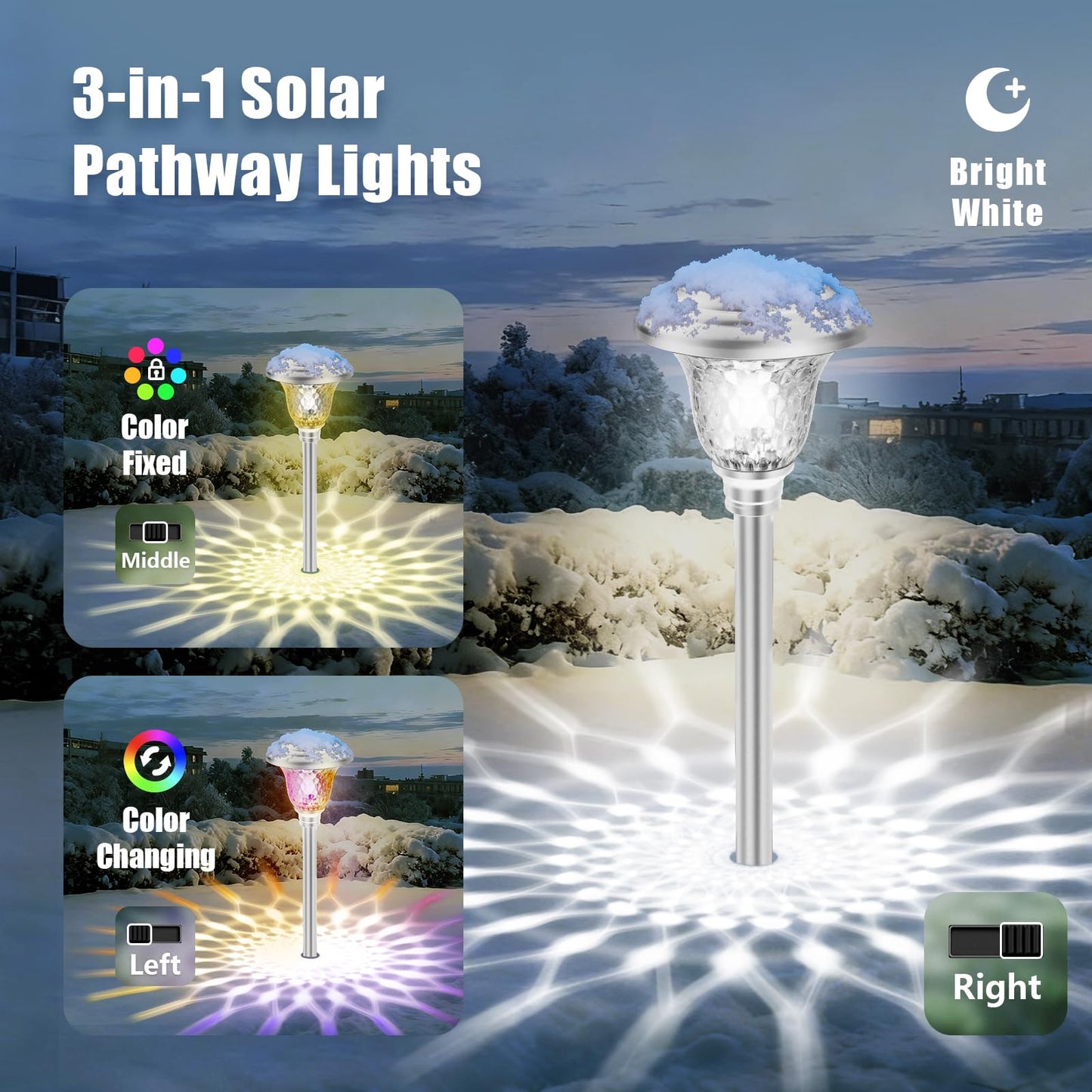 BEAU JARDIN 8 Pack Solar Pathway Lights Outdoor Stainless Steel Lights Solar Powered Waterproof Glass High Lumen Garden Landscape Path Yard Walkway Driveway Outside Color Changing Cool White Silver