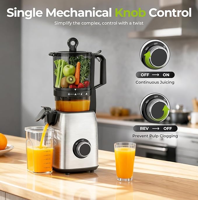 Cold Press Juicer, 5.4" Extra Wide Feed Chute Juicer Machines for Whole Vegetables & Fruits, 98% High Juice Yield, Easy Clean & Install, Compact Slow Masticating Juicer with 300W, Grey