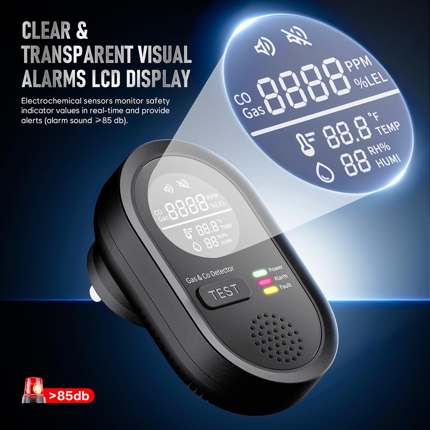 Portable Carbon Monoxide Detector 8-in-1, Carbon Monoxide Detectors Plug-in with HD Screen Natural Gas/Temp/Humidity, CO Monitor Alarm Sound Warning for Travel, Home, RV, Apartment Safety