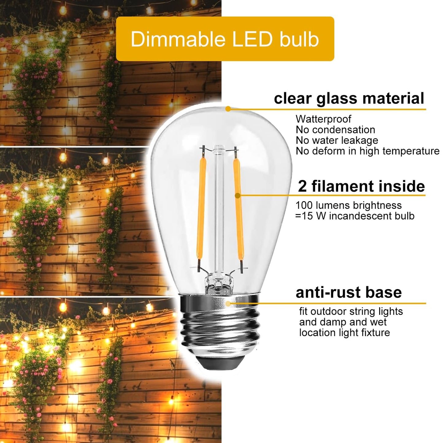 NIOSTA 24Ft Outdoor LED String Lights, 12 Dimmable Vintage Bulbs, Glass, 2700K, Model 43237-2