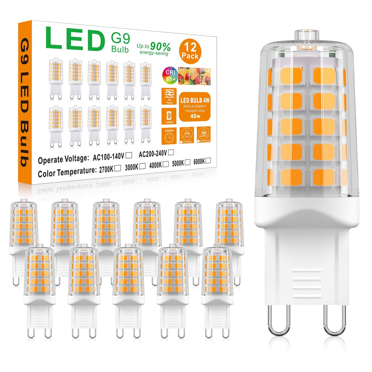 Baoming G9 Led Bulb 4W  40 Watt T4 G9 Base Halogen Equivalent  2700K Soft Warm White  120V No-Flicker  Chandelier Lighting Non-Dimmable 450Lm (12 Pack)
