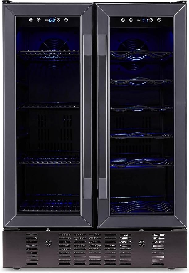 NewAir 24" Dual Zone Wine and Beverage Refrigerator, 18 Bottle & 58 Can, French Door Built-In Fridge with Lock, Black Stainless Steel Cooler, Digital Thermostat, Adjustable Shelves