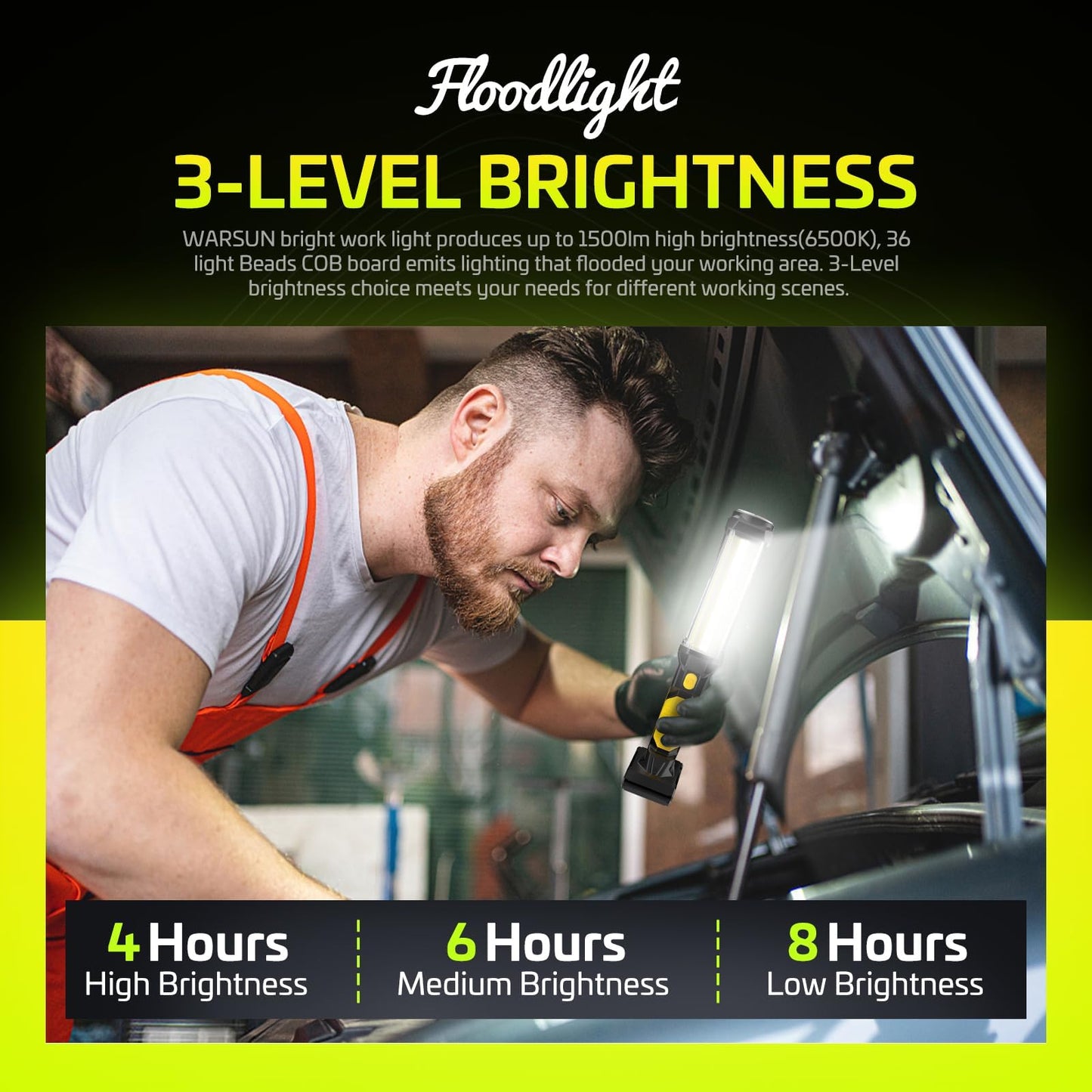 WARSUN Rechargeable COB LED Work Light-Magnetic Hands-Free Trouble Light with Hook, IPX4 Waterproof for Garage Repair, Mens Gifts-Emergency Light Tool for Adults Men Dad (Yellow)