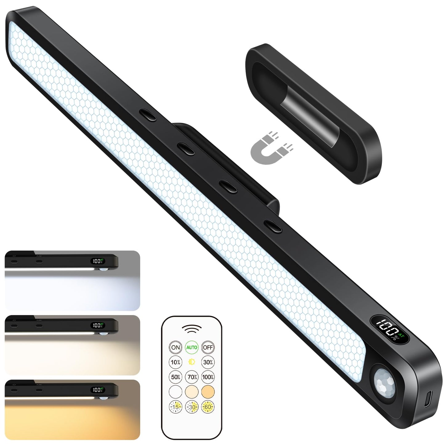 Ferswe 3W Motion Sensor Rechargeable Light Bar With Remote  Eye-Friendly Closet Lights With Battery Display  2000Mah Makeup Lighting  Magnetic Light Bar For Cabinet  Closet  Bathroom And Desk
