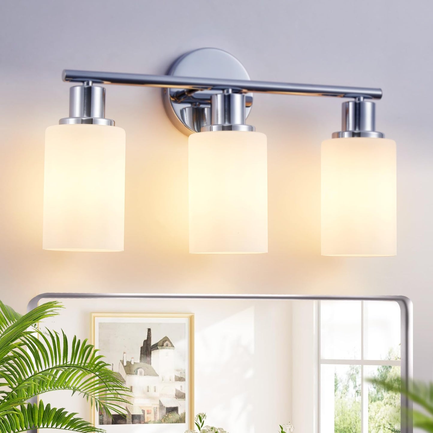 DINGLILIGHTING 3-Light Bathroom Light Fixtures Chrome Modern Vanity Lights Milky White Glass Shade
