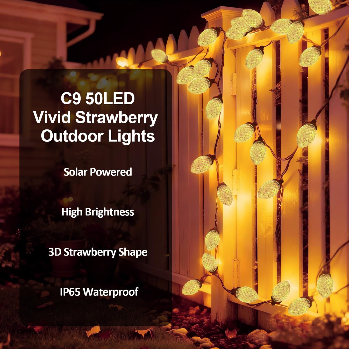 L Lampop C9 Solar Powered Led Christmas String Lights 50 Led Waterproof Strawberry Light With 8 Mode Green Wire Lighting For Outside Patio Wedding Party Decor
