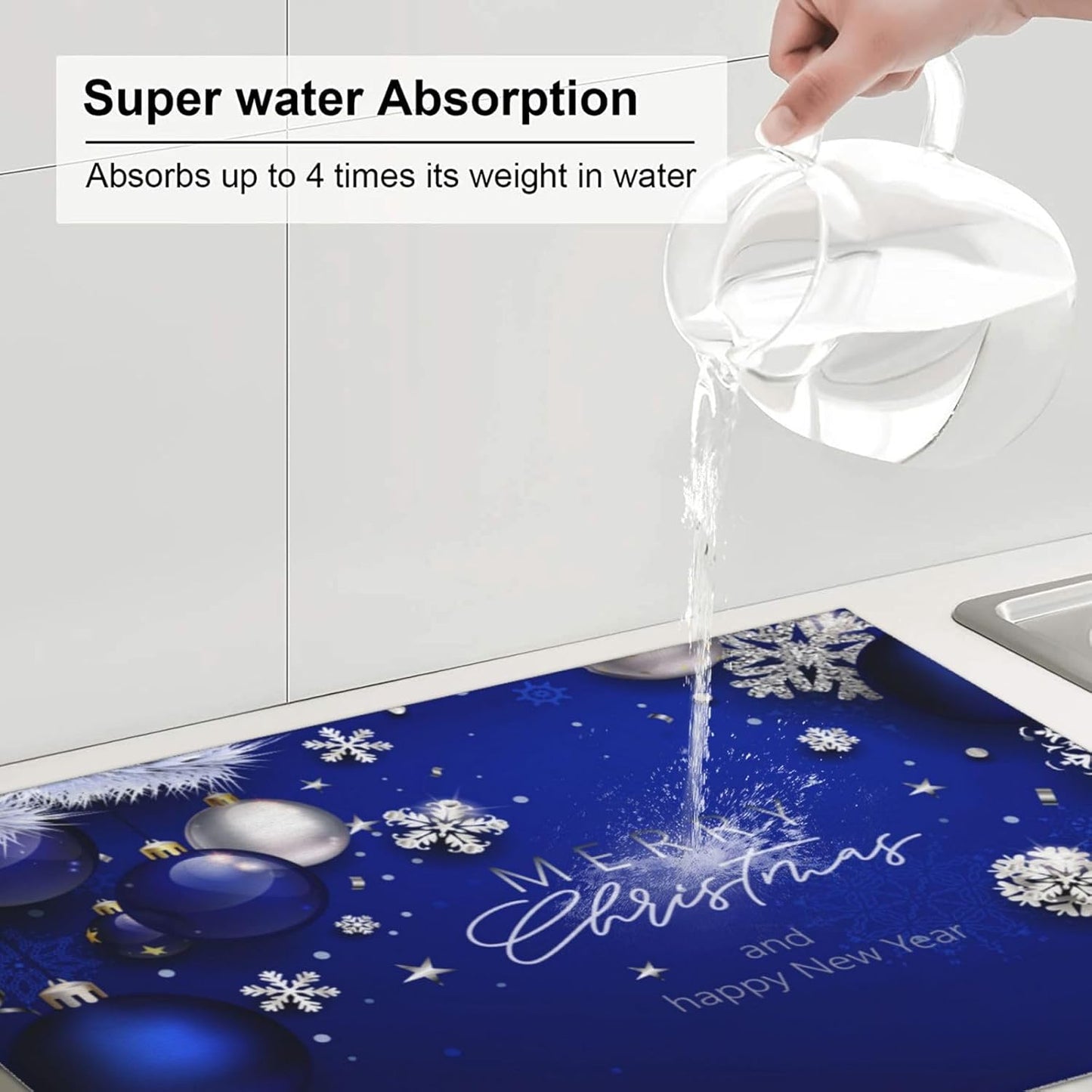 Dish Drying Mat Christmas Blue Ball Fir Branch Snowflake for Kitchen Counter Absorbent 18x24 Inch Microfiber Dishes Plate Glass Dry Draining Pad Reversible Washable