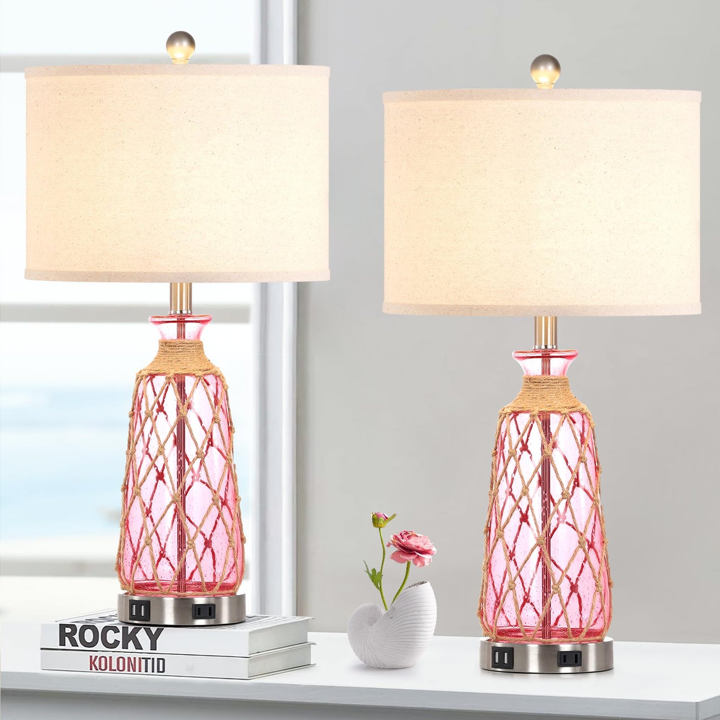 Ruzectt Table Lamps Set of 2, 25.5in Glass, 3-Way Dimmable Touch Control, Pink, USB Ports & AC Outlet, LED Bulbs Included
