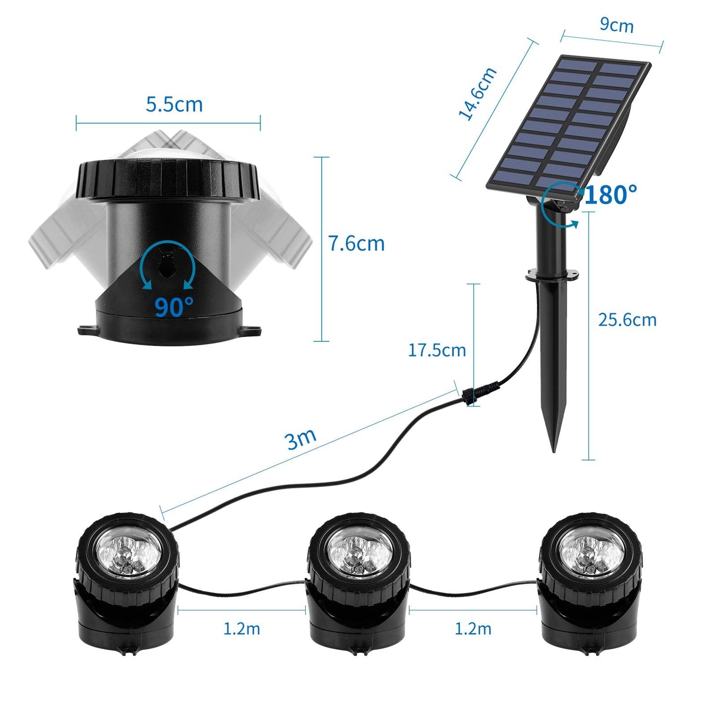 T-SUN Solar Pond Lights, 3 in 1 RGB Color Changing, Waterproof LED Spotlights for Garden, Yard, Pool, Fountain, 3 Head Lamp