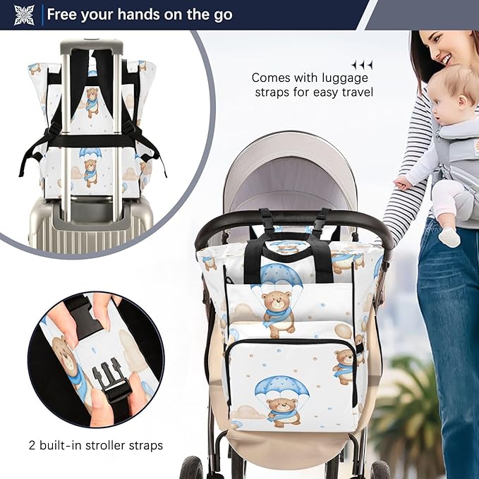 Cozy Bear Motif Diaper Bag Backpack, Unisex Travel Baby Backpack Diaper Bags with Stroller Straps & Pacifier Case, Large Capacity Waterproof Diaper Backpack