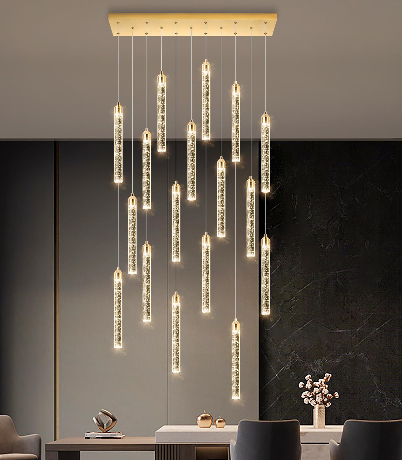 Rectangular Chandeliers 17-Lights Long Light For Entryway Led Dimmable Chandeliers Lighting Fixture Flat Sloped High Ceiling Pendant Lights Crystal For Living Room Foyer Hallway Staircase Gold