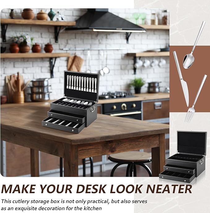 Leather Silverware Storage Box Flatware Storage Case with Felt Lined Leather Flatware Chest Silverware Organizer with Lid for Tableware Utensils Silver(3 Layer)
