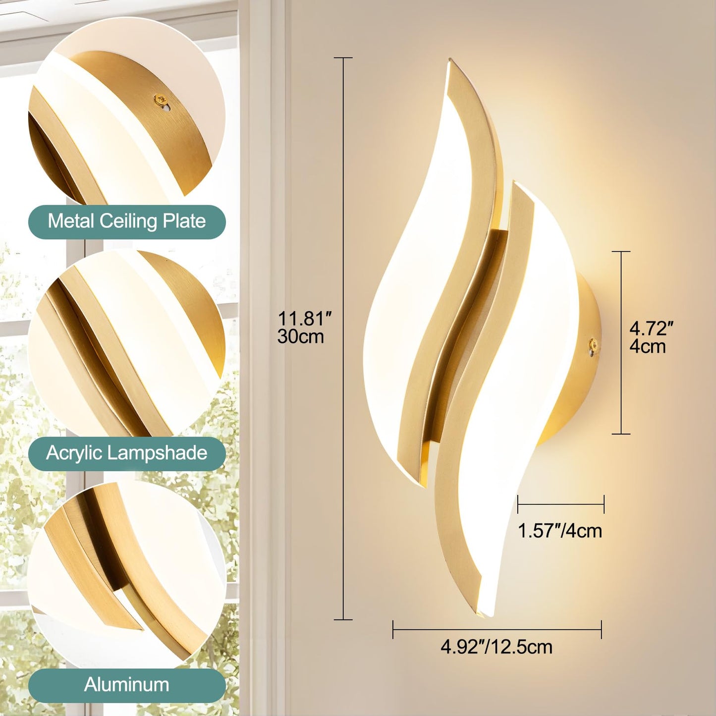 Caneoe Modern Led Wall Sconce 6000K Cold White Black Indoor Wall Light Fixtures Acrylic Wall Sconce Lighting For Living Room Bedroom Bedside Bathroom Hallway Stairway Wall Lamp (Gold  1 Pack 3000K)