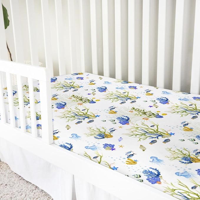 Colorful Undersea Fishes Jellyfish Sea Weeds Baby Crib Sheet 52''x28'' Nautical Life Fitted Crib Mattress Cover for Boy Girl Nursery Toddler Bed Sheets for Standard Crib and Toddler Mattresses