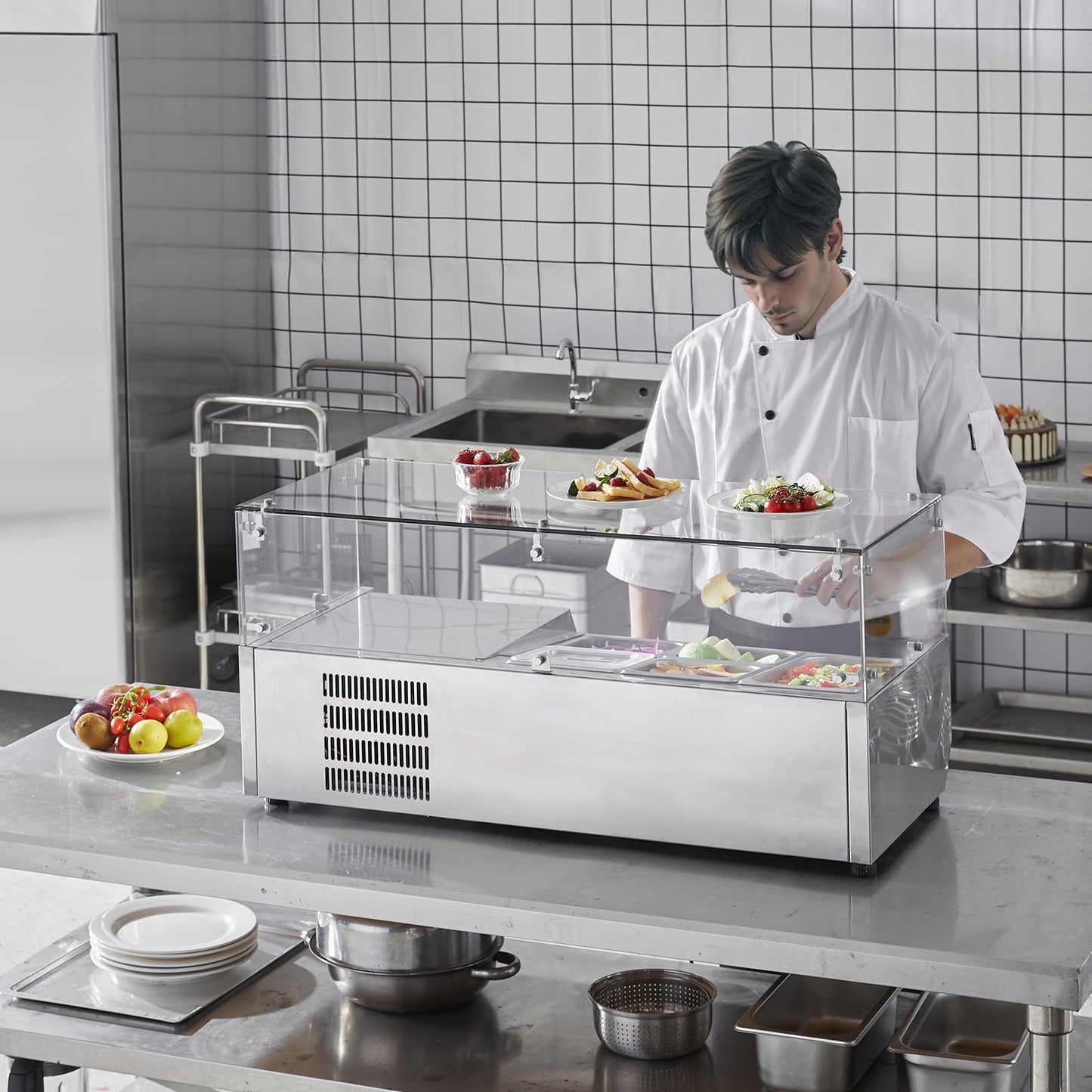 VEVOR Countertop Refrigerated Condiment Station, with 1 1/3 4 1/6 Pans, 304 Stainless Body and PC Lid, Sandwich Prep Table Guard, ETL, Glass 40in, Silver